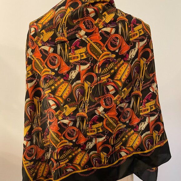 Vintage 80s Ann Taylor Silk Scarf Hand Rolled Equestrian Theme Horns Preppy - Picture 12 of 13